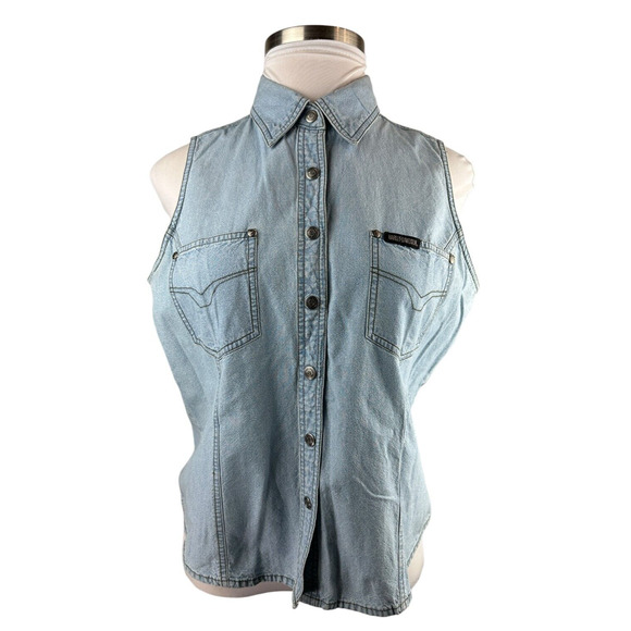 Harley Davidson Denim Vest Sleeveless Button Snap Shirt Blue Women's Size XL - Picture 5 of 12